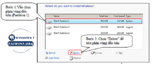 chọn phân vùng đầu tiên và chọn “Delete”.