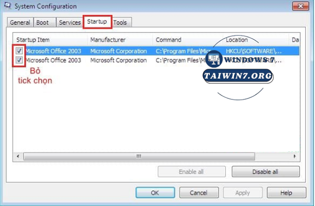 Bỏ chọn các ứng dụng mà bạn không muốn chúng khởi động cùng Windows.