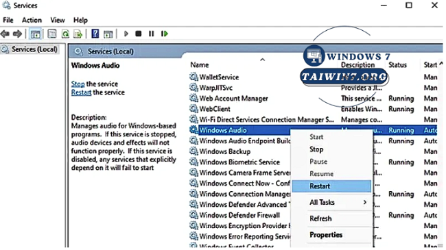Khởi động lại dịch vụ Windows Audio.