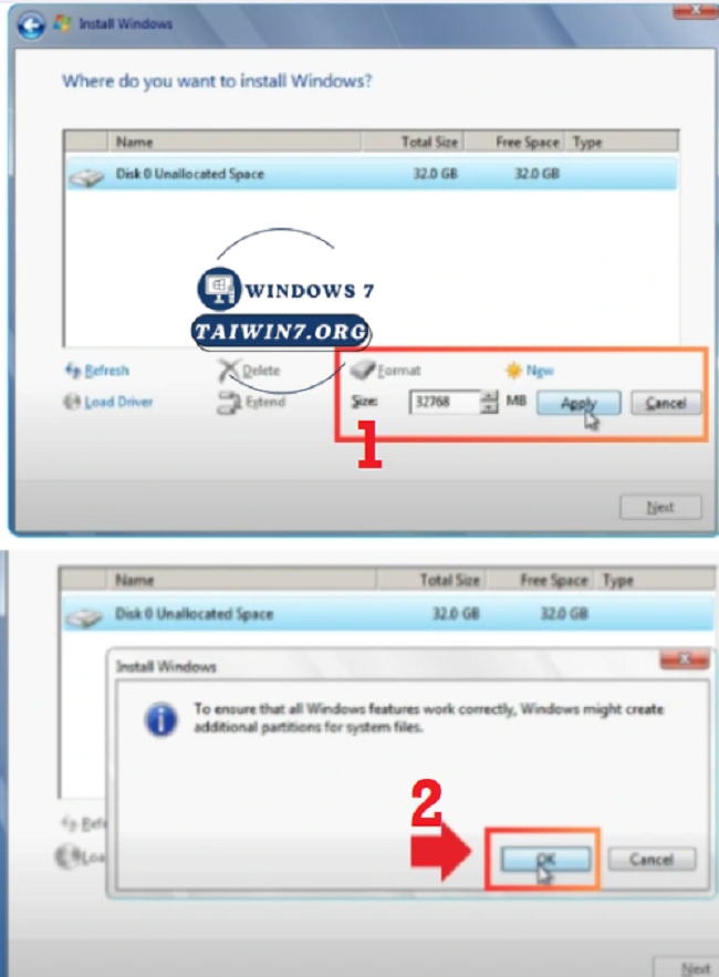 Tạo phân vùng mới theo hướng dẫn.