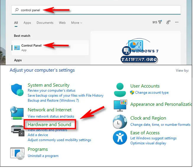 Truy cập "Control panel" và chọn “Hardware and Sound”.