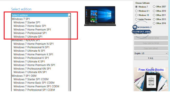 Chọn phiên bản Windows 7 mà bạn muốn tải